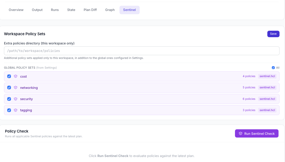Sentinel configuration checkboxes