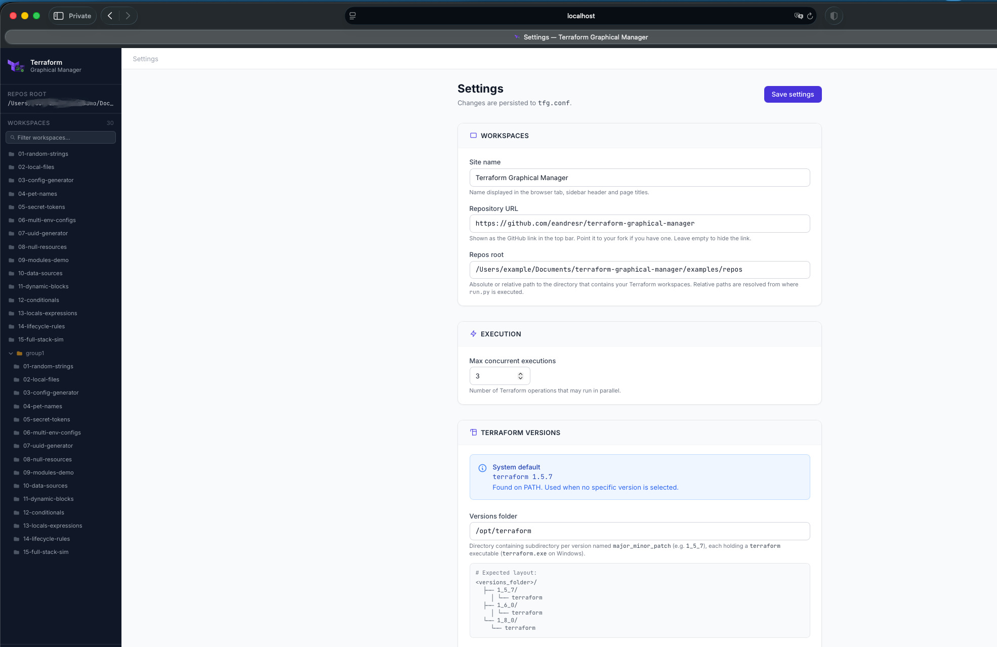 Settings page